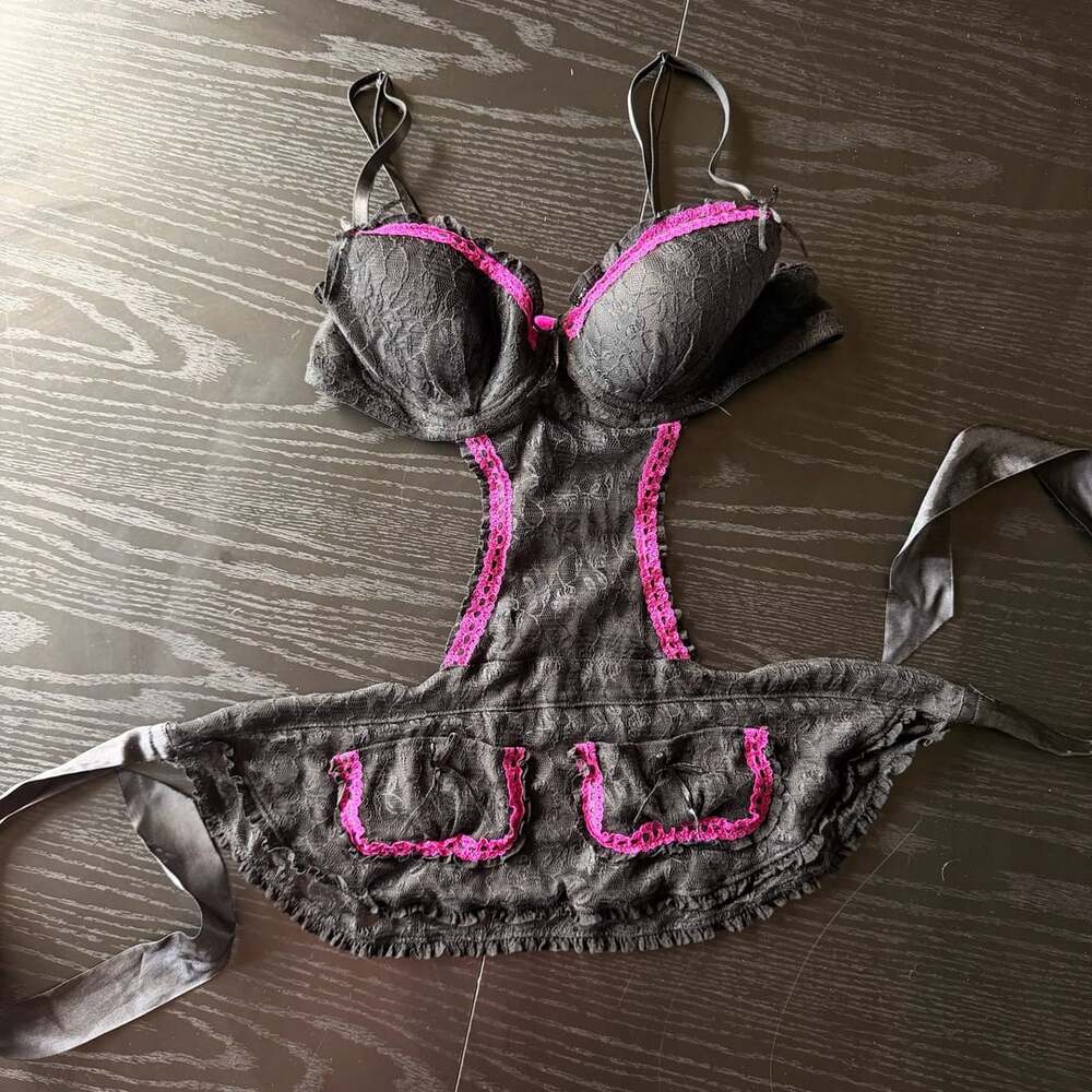 Just Sexy Lingerie Maid Costume Size M Black Pink Lace Apron